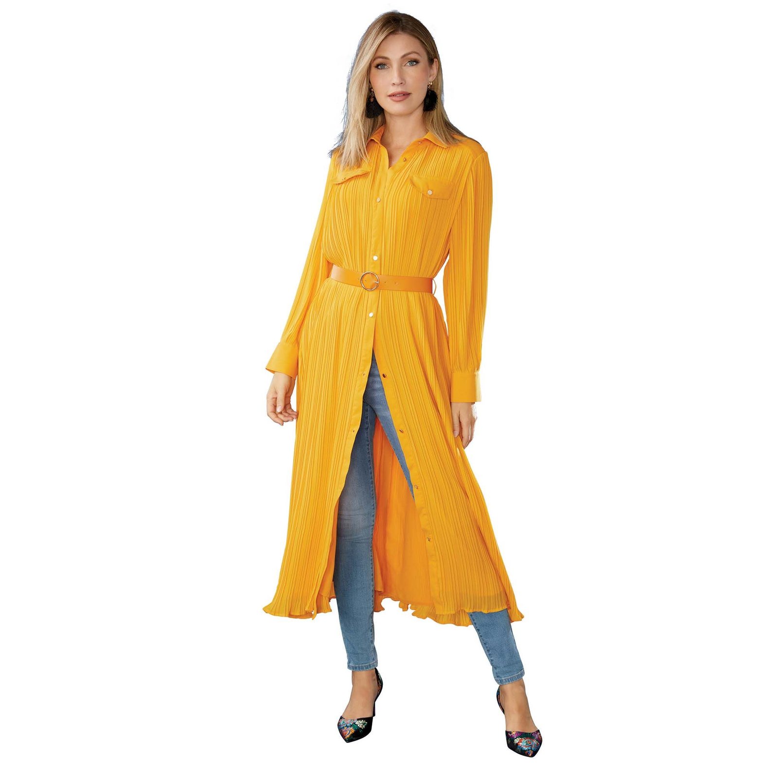 Masseys Pleated Shirt Dress with Belt Yellow Dresses