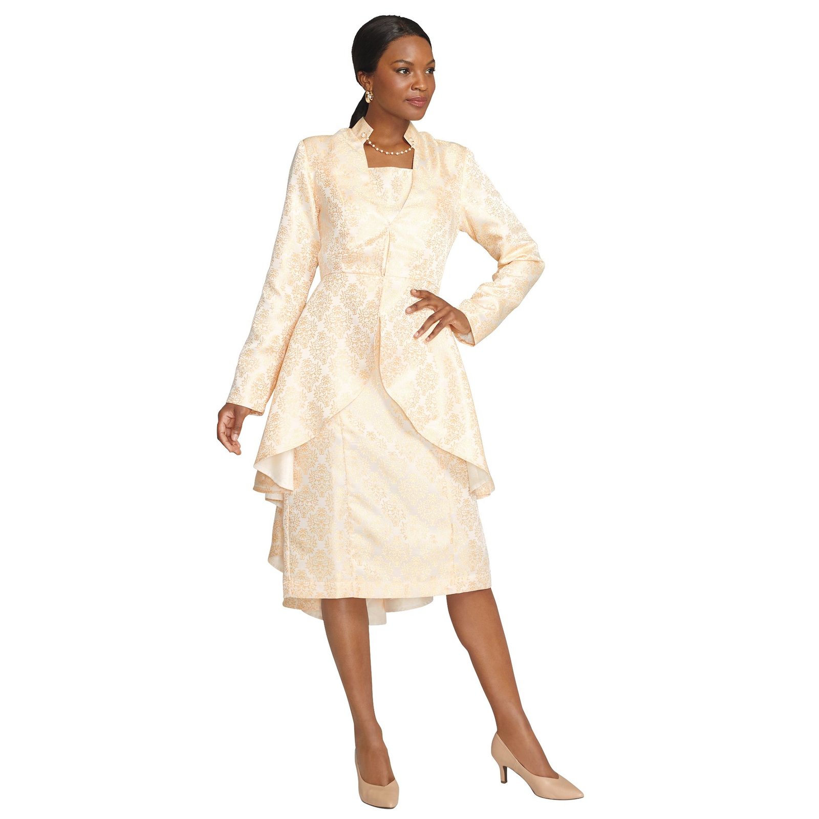 Masseys Jacquard High-Low Ruffle Jacket and Dress Suit Gold Suits W