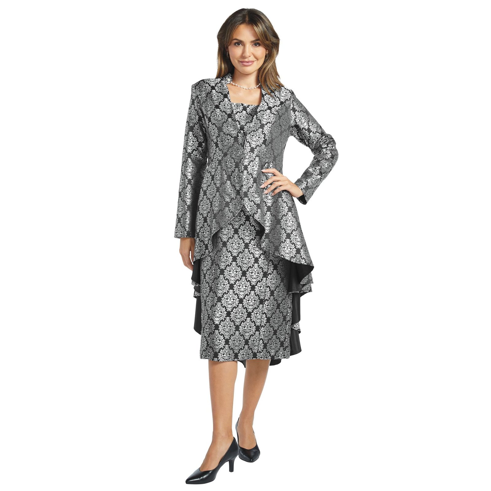 Masseys Jacquard High-Low Ruffle Jacket and Dress Suit Black Suits X