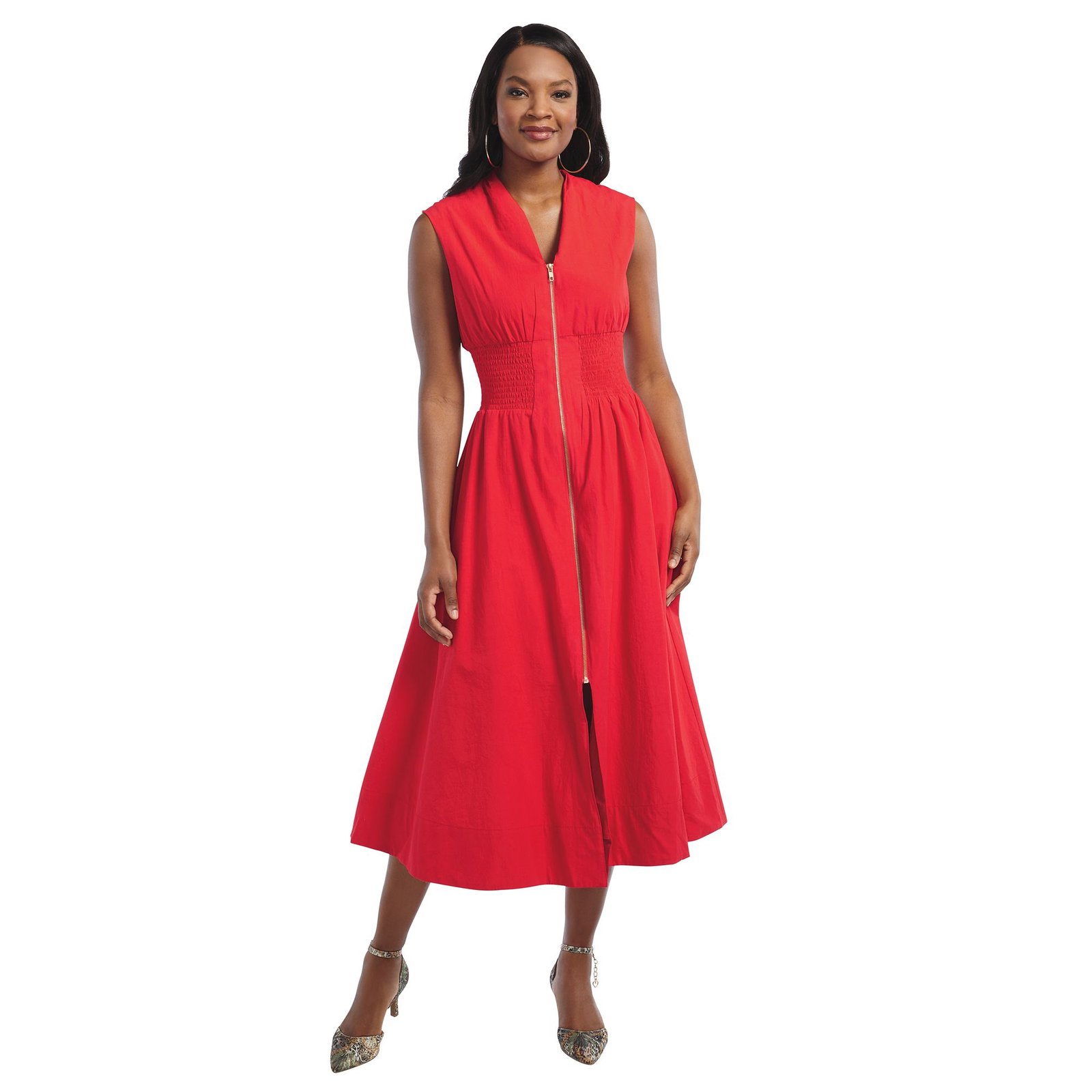 Masseys Zip-Front C Waist Midi Dress Red Dresses