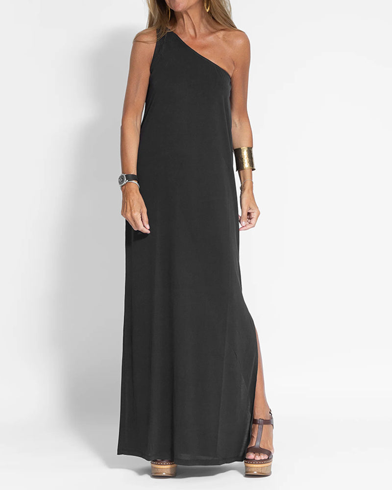 Elegant Solid Color One Shoulder Maxi Dress - Black L-