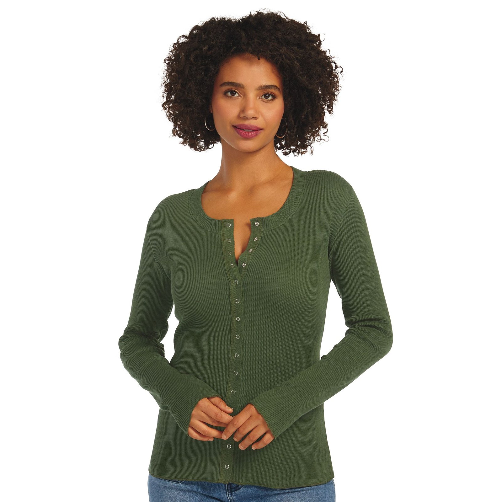 Masseys Snap-Front Cardigan Green Knit Tops X