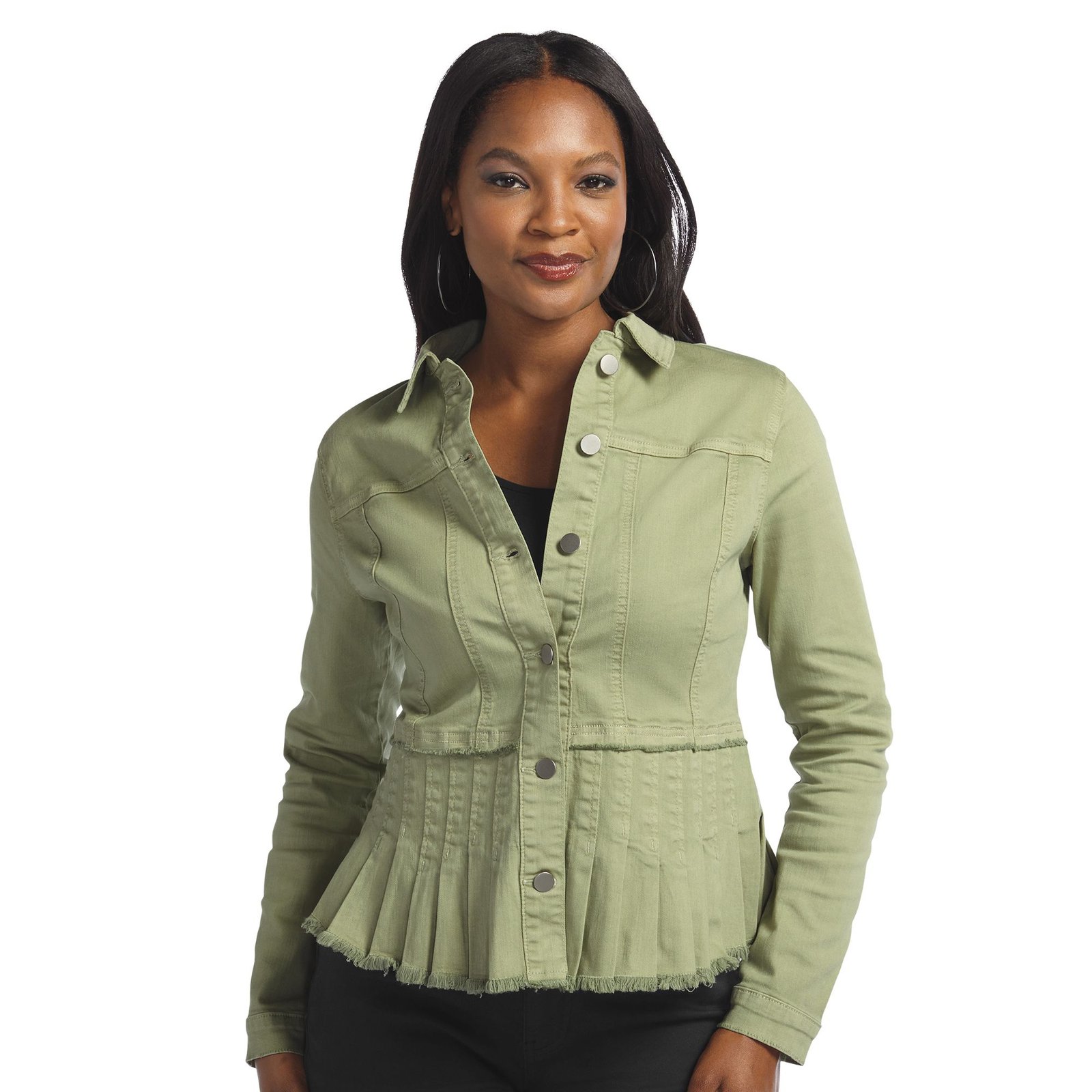 Masseys Pleated Hem Denim Jacket Green Jackets X