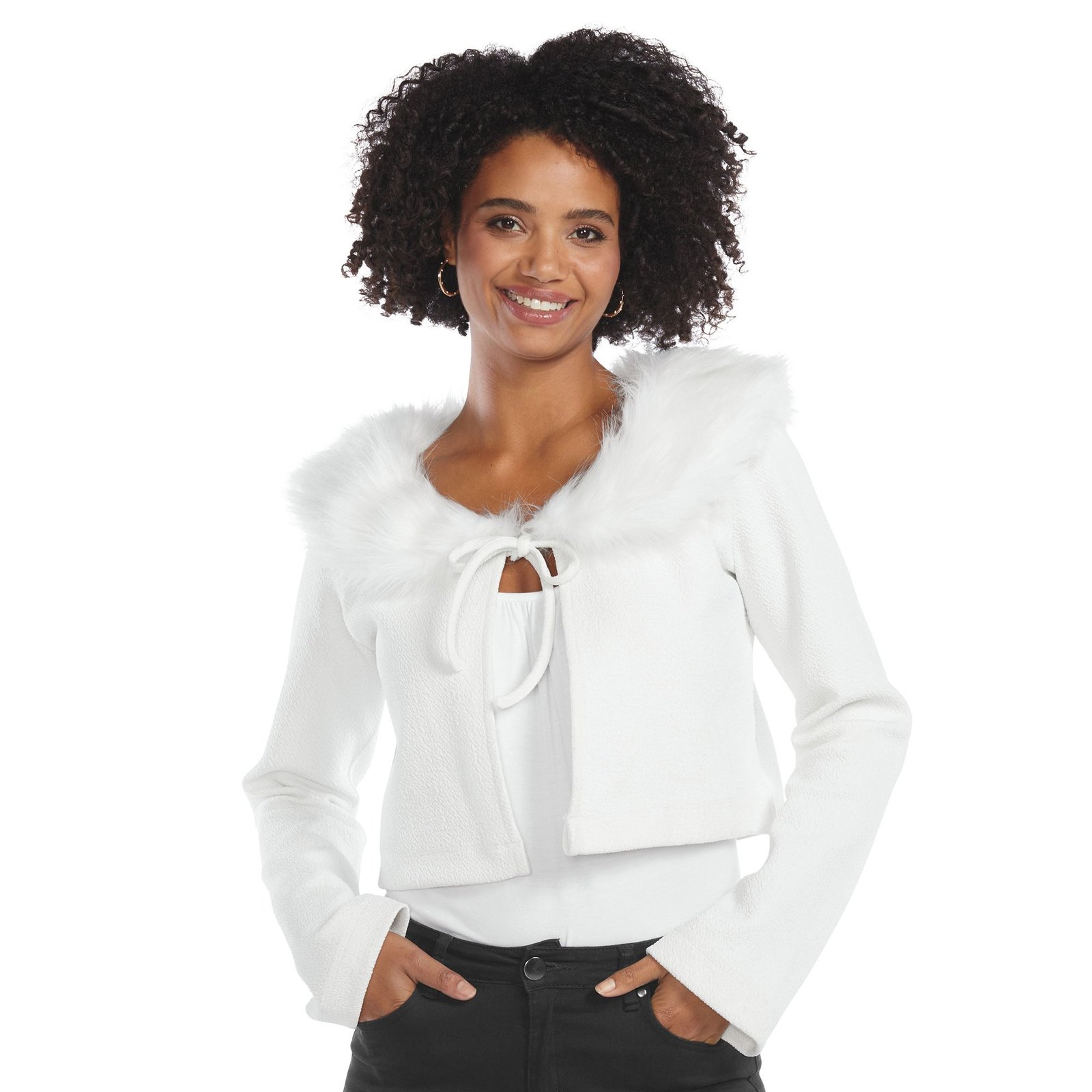 Masseys Faux Fur Tie Front Cardigan White Knit Tops X