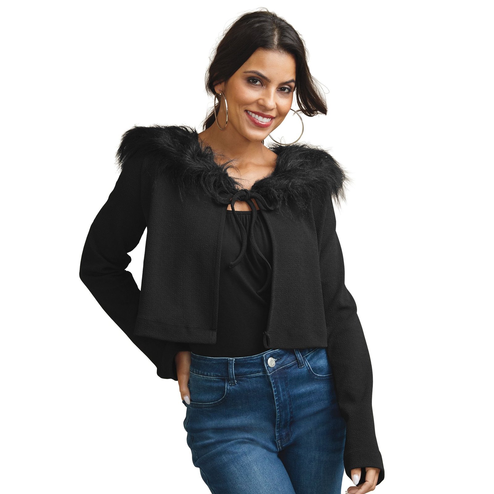Masseys Faux Fur Tie Front Cardigan Black Knit Tops X