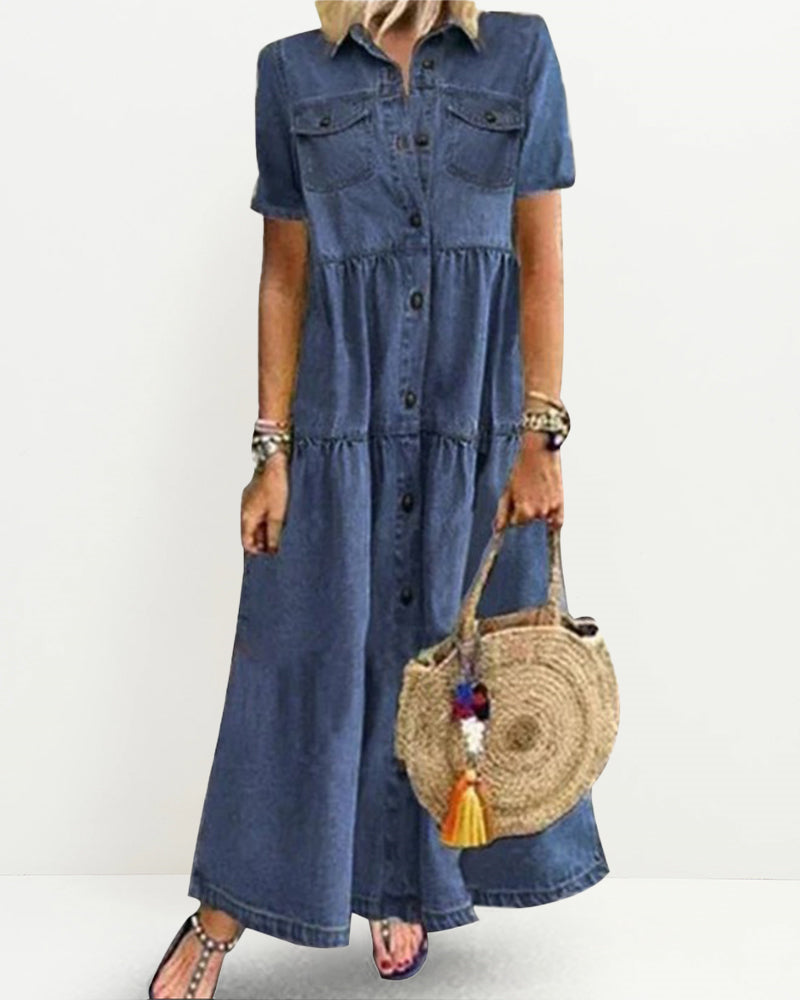 Vintage Denim Dress Short Sleeve Turn Down Collar Pockets Button Up Shift Summer Long Loose Dress - Blue L-