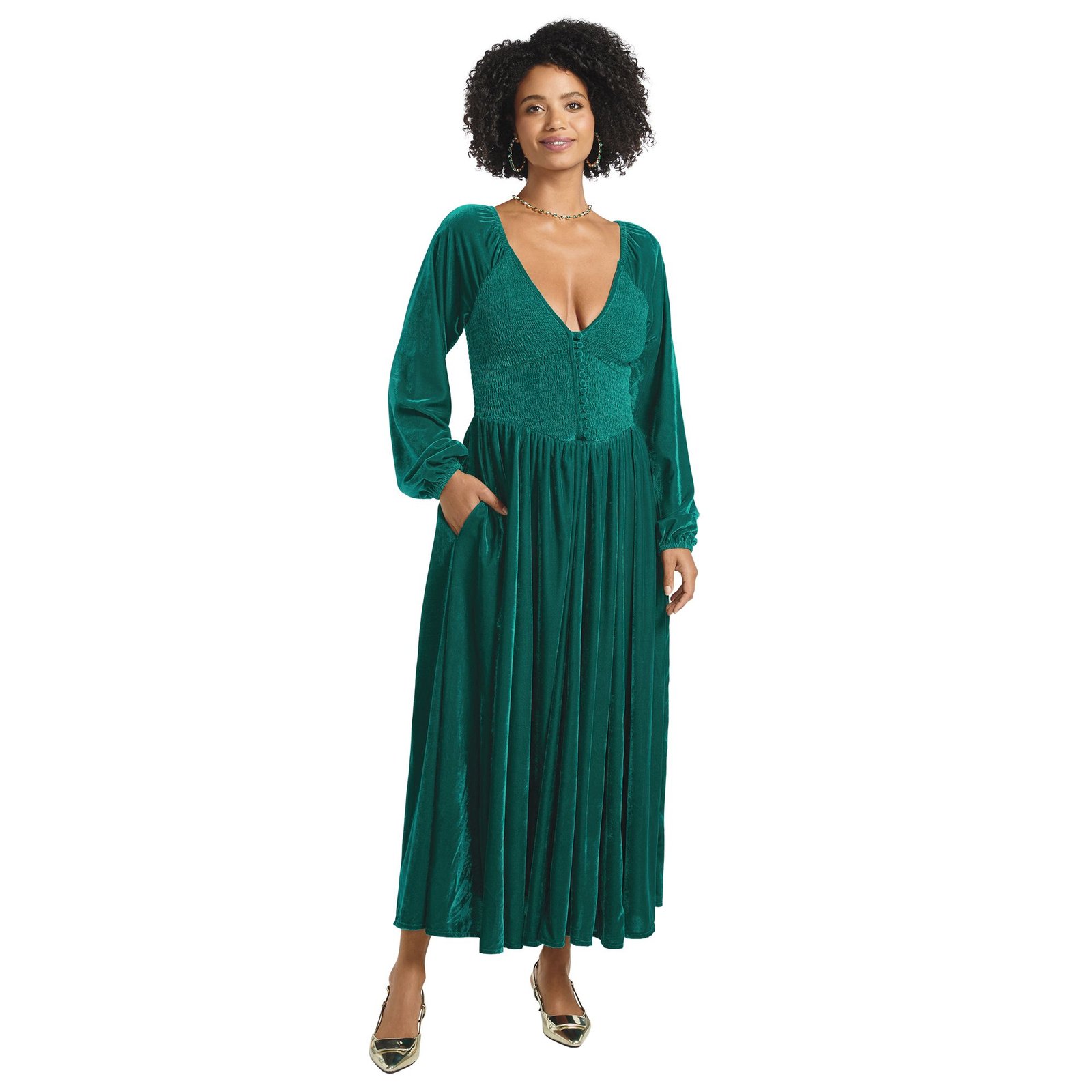 Masseys Velvet Long Sleeve Maxi Dress Green Dresses