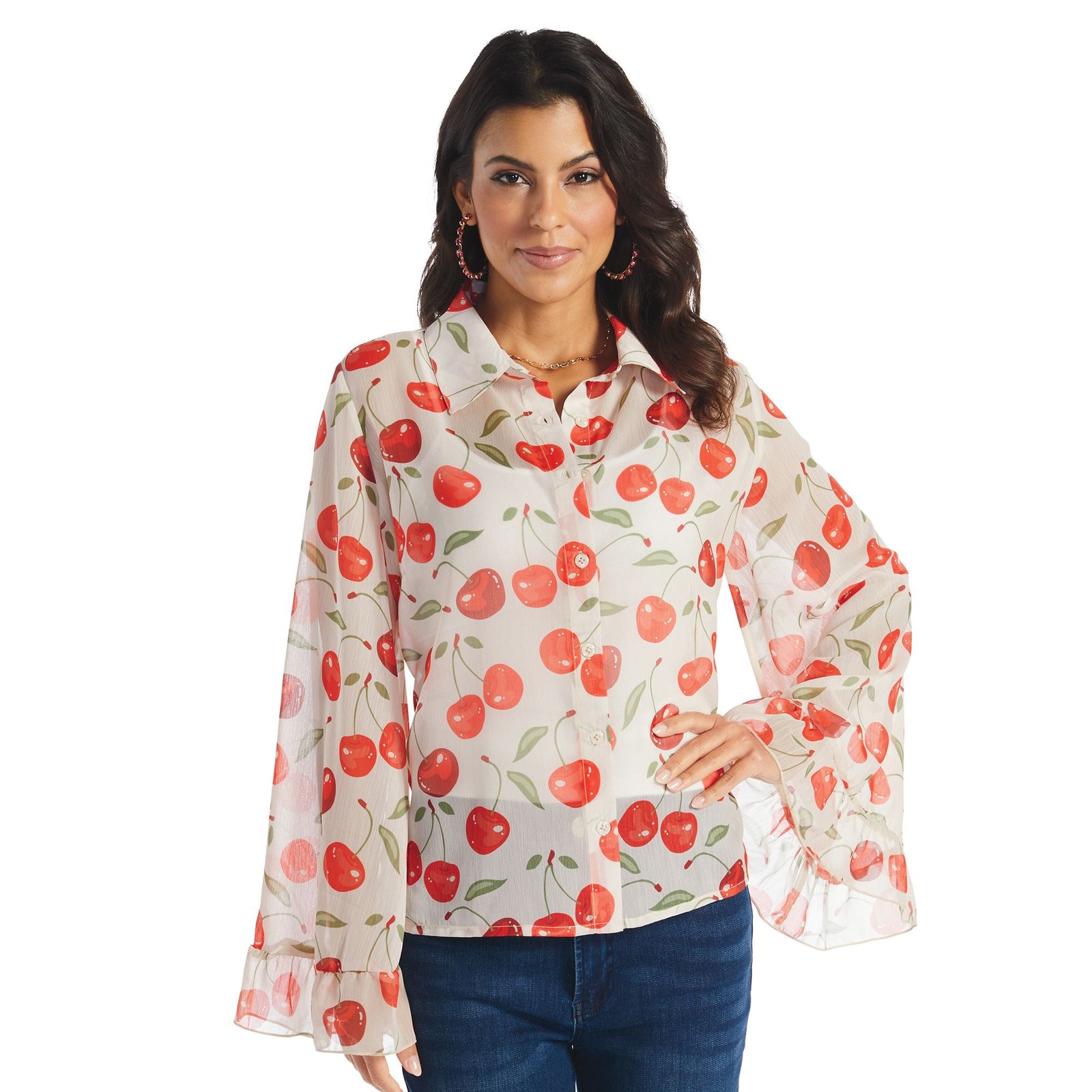 Masseys Ruffle Bell Sleeve Blouse Multi Red Shirts