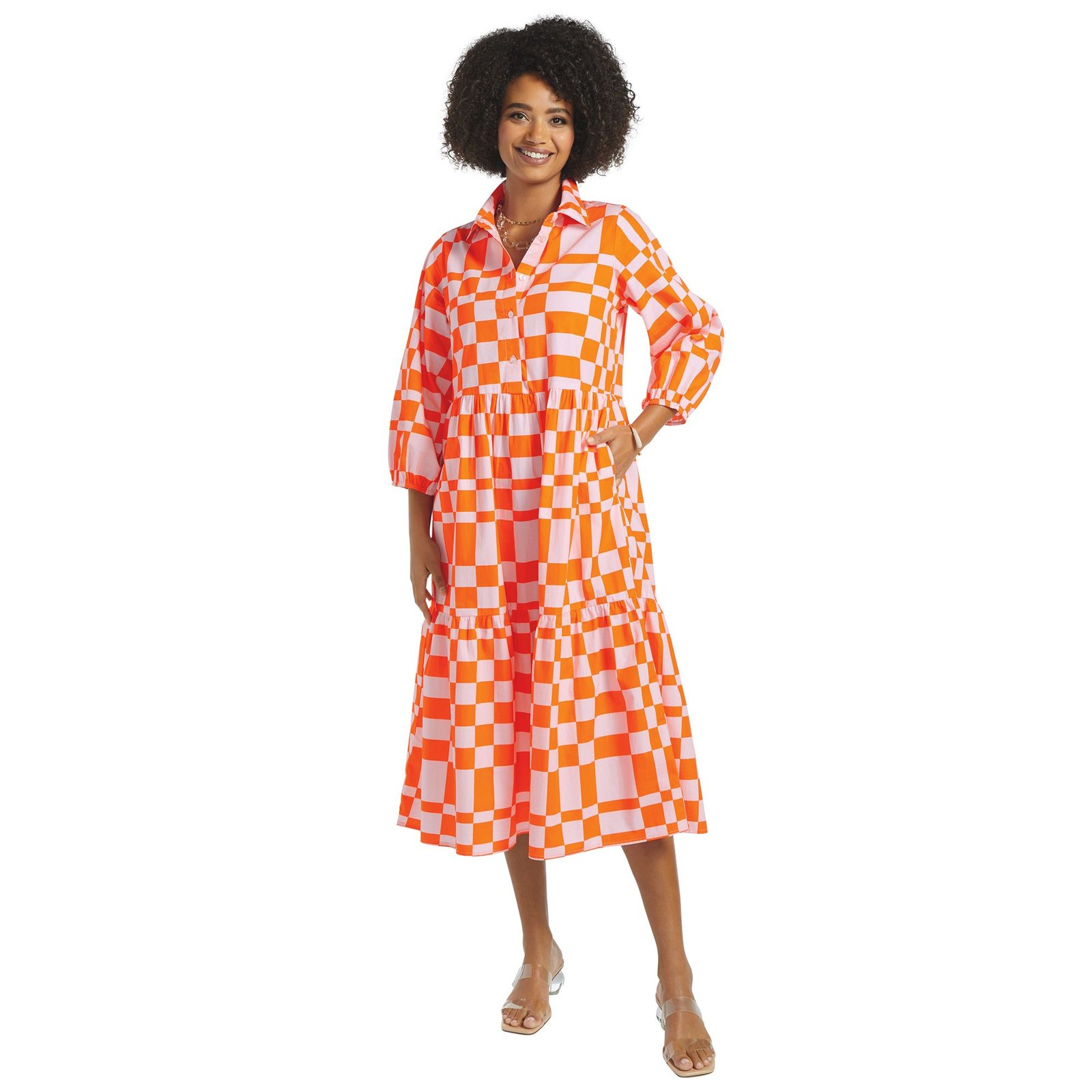 Masseys Puff Sleeve Shirt Dress Multi Orange Dresses