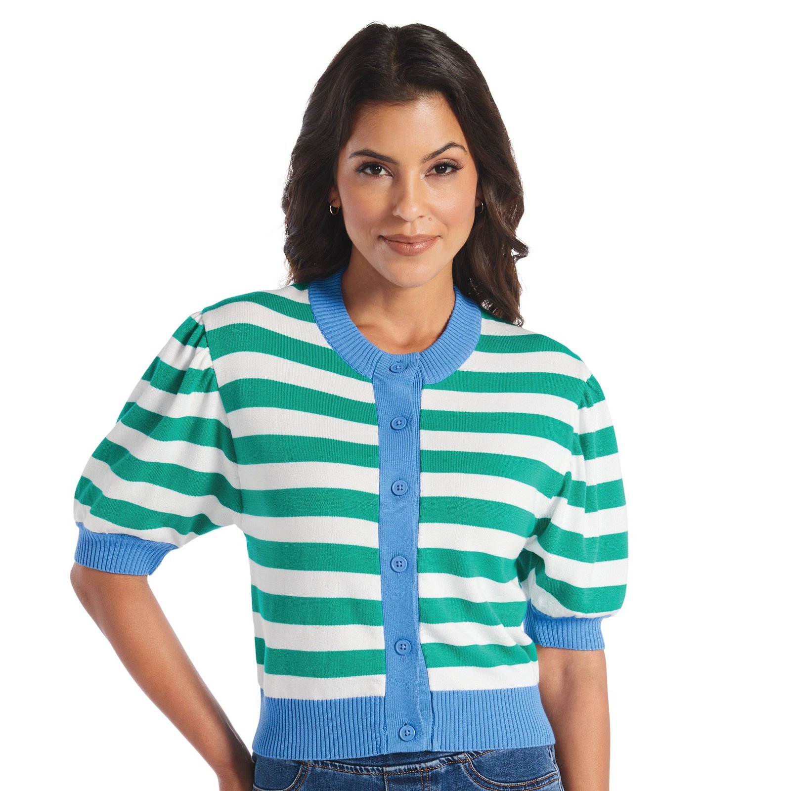 Masseys Puff Sleeve Sweater Cardigan Green Sweaters X