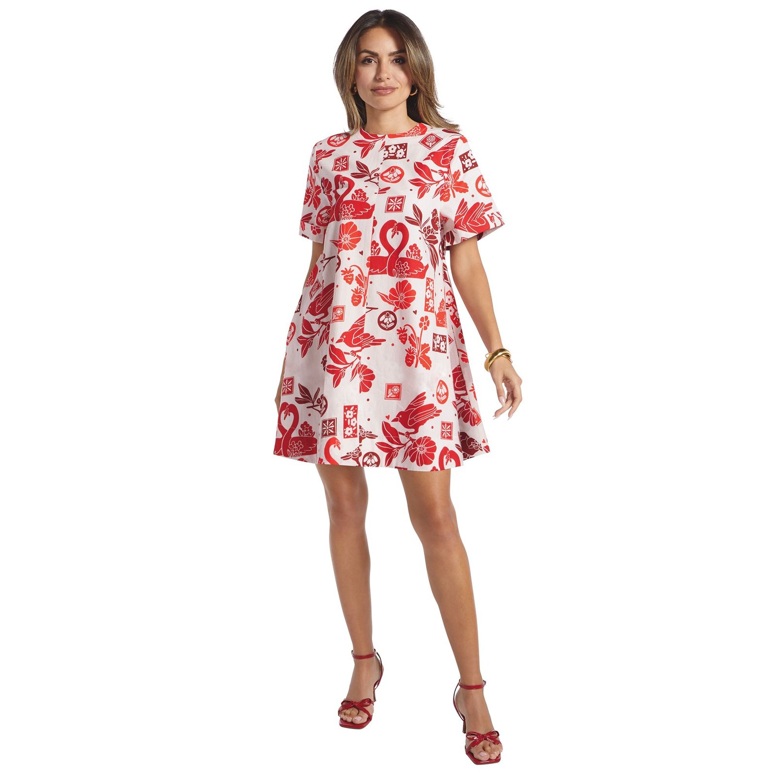 Masseys Go-To Short-Sleeve Shirt Dress Multi Red Dresses