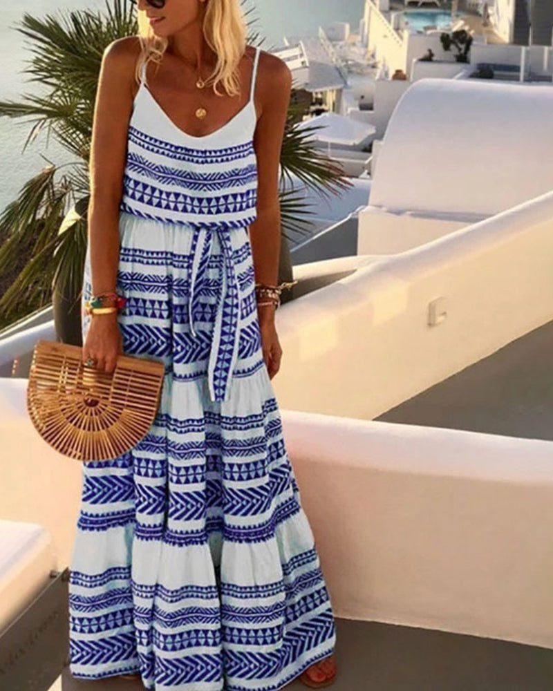 Strap Stripe Print V Neck Boho Long Maxi Dress Summer Flowy Tie Waist Beach Sundress - Blue S