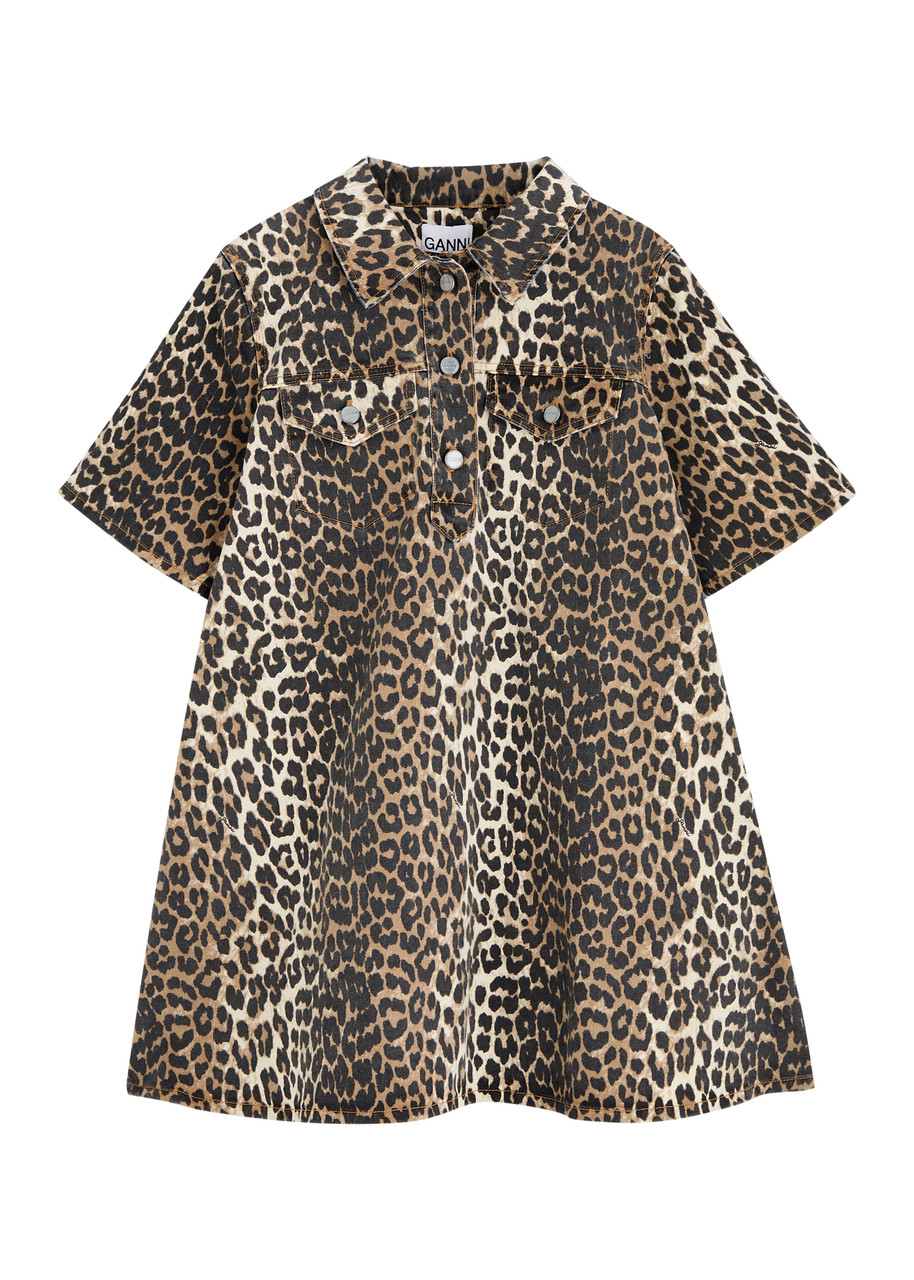 Ganni Leopard-print Stretch-denim Mini Dress - S