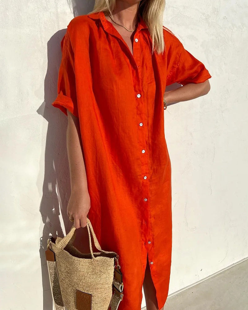 Turn-Down Collar Short Sleeve Single Breasted Loose Shirt Dress Solid Color Summer Beach Dresses - Red S