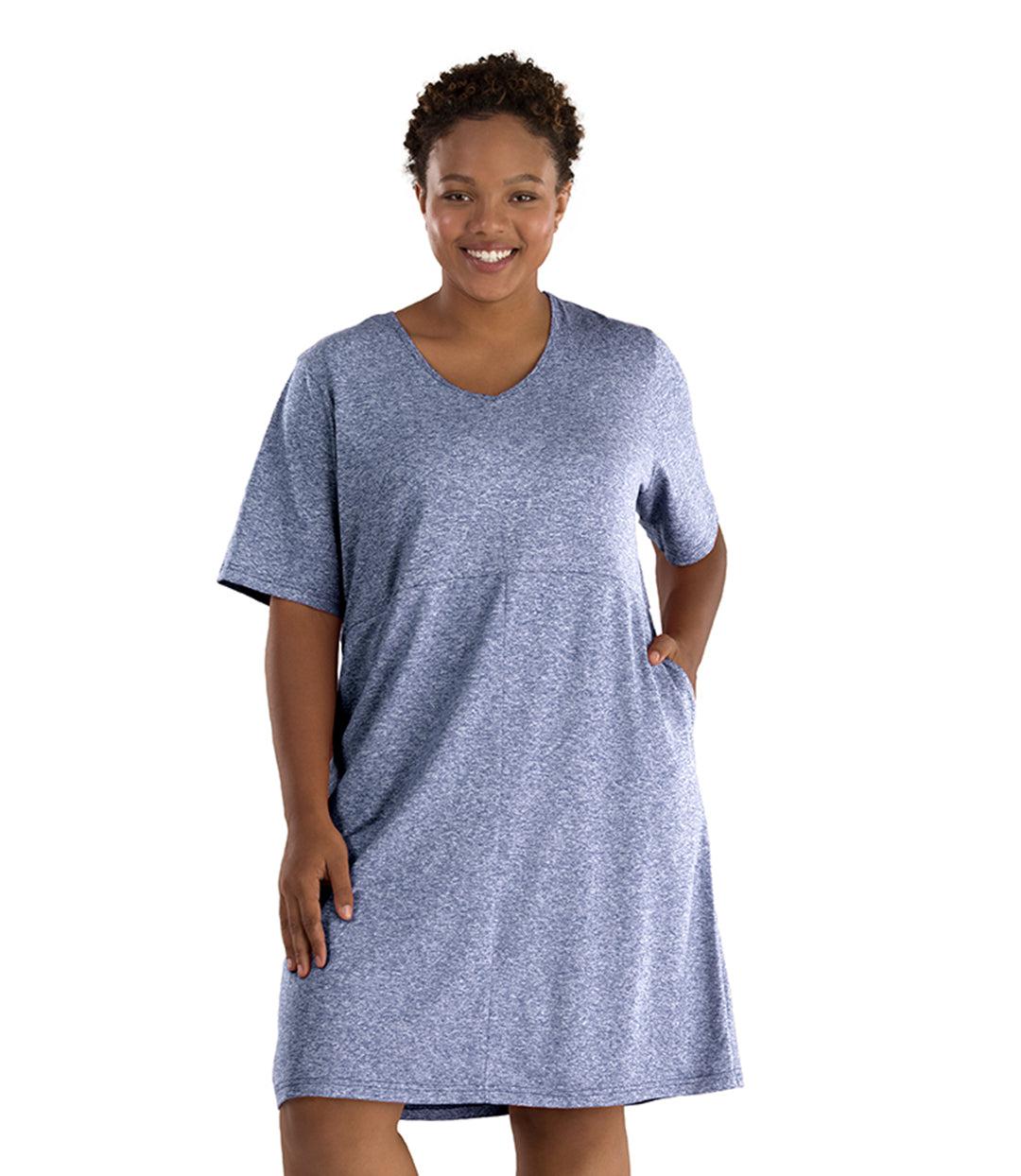 SoftWik Short Sleeve Dress with Pockets - FINAL SALE, Heather Navy
