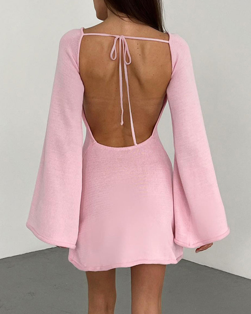 Zeagoo Elegant Backless Lace-up Bell Sleeve Mini Dress for Women Casual Going Out Summer - Pink L-