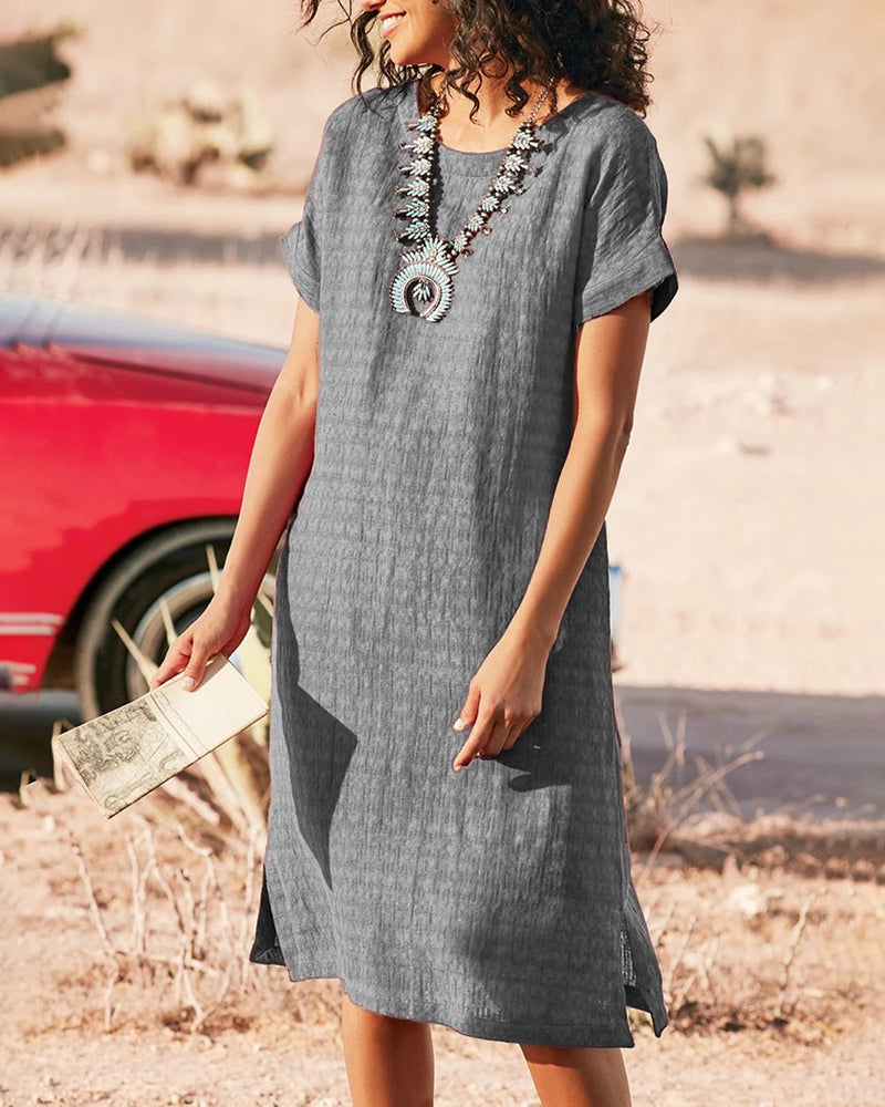 Short Sleeve Pure Color Split Crew Neck Basic Loose Fit Midi Dress - Grey