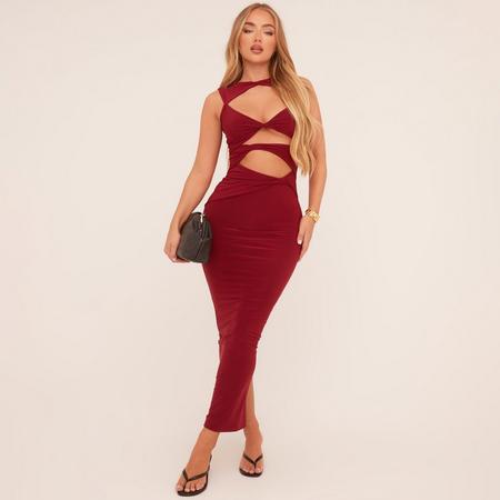 Sleeveless Cut Out Twist Front Detail Maxi Dress In Wine, Women's Size