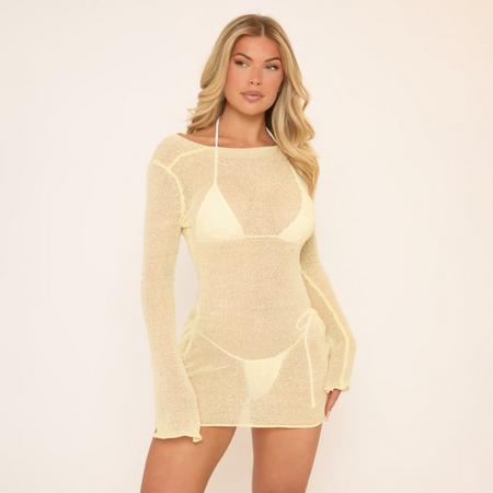 Long Sleeve Open Back Mini Beach Dress In Yellow Texture, Women's Size