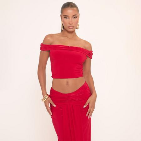 Bardot Ruched Detail Crop Top In Red Slinky, Women's Size