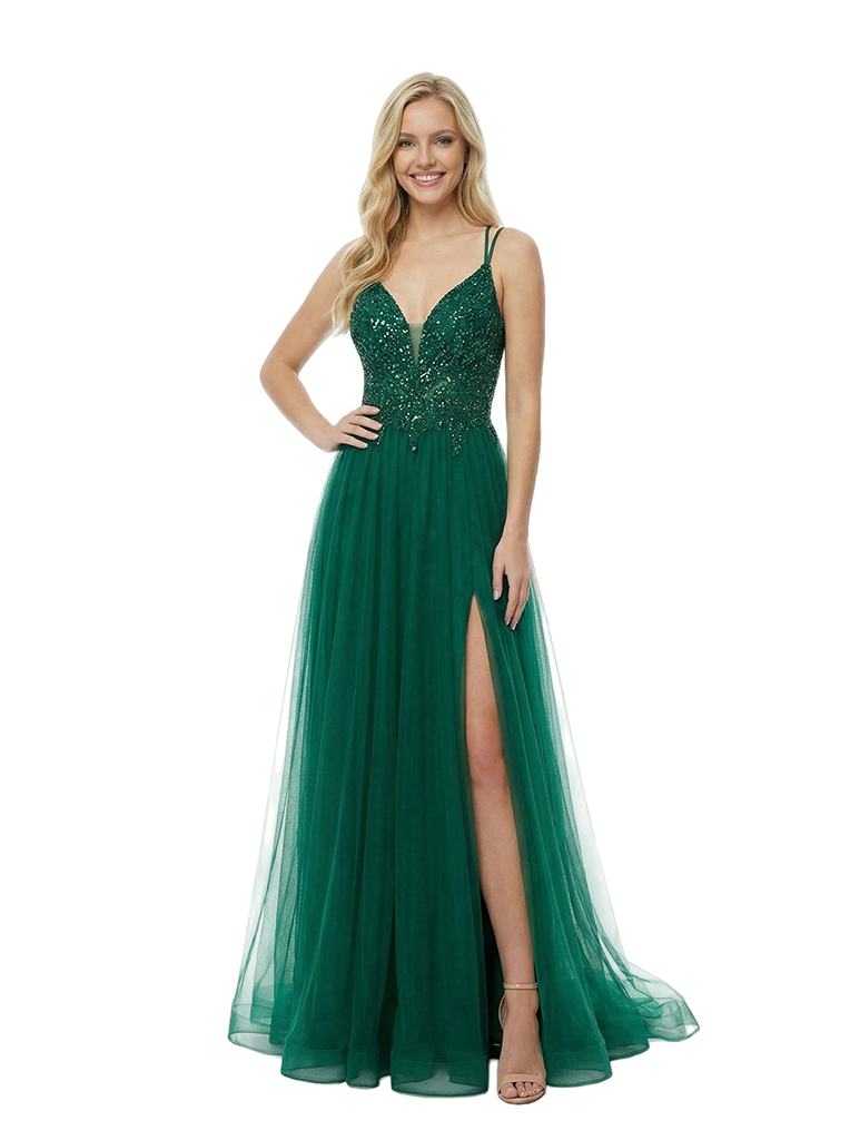 Sparkly Sequin Spaghetti Straps Tulle Prom Dress With Side Slit Glamorous A-Line Gown - Custom Colorleaving a note