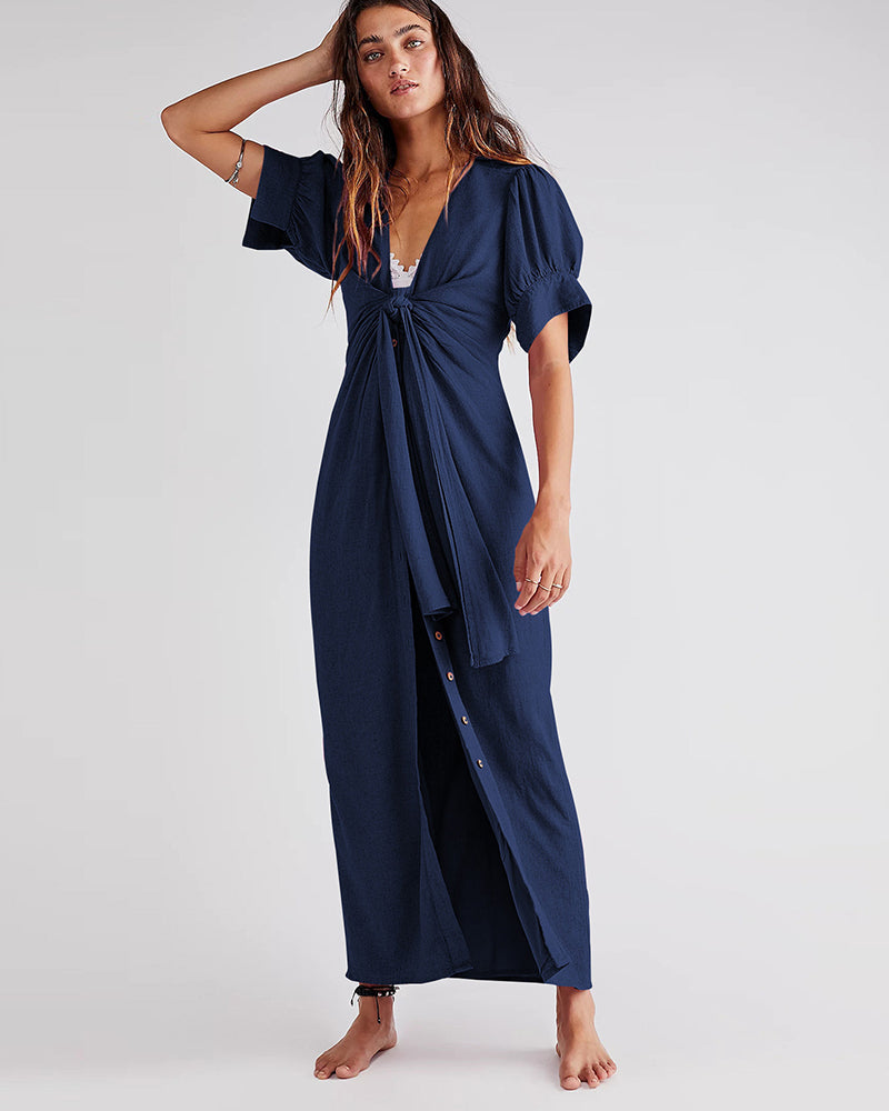 V Neck Short Sleeve Button Down Blouse Dress Tie Casual Long Maxi Dresses - Navy blue S