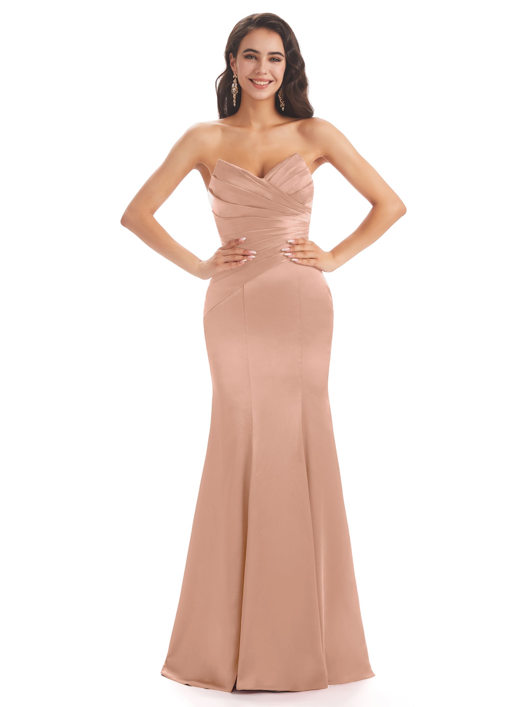 Simple Strapless Sweetheart Soft Satin Mermaid Long Wedding Party Dress For Women
