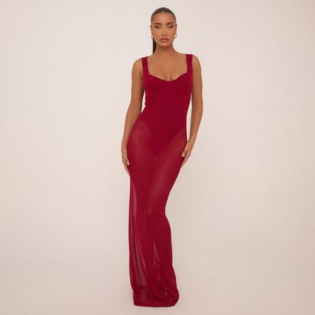 Scoop Neck Bodysuit Insert Maxi Dress In Burgundy Mesh, Women's Size