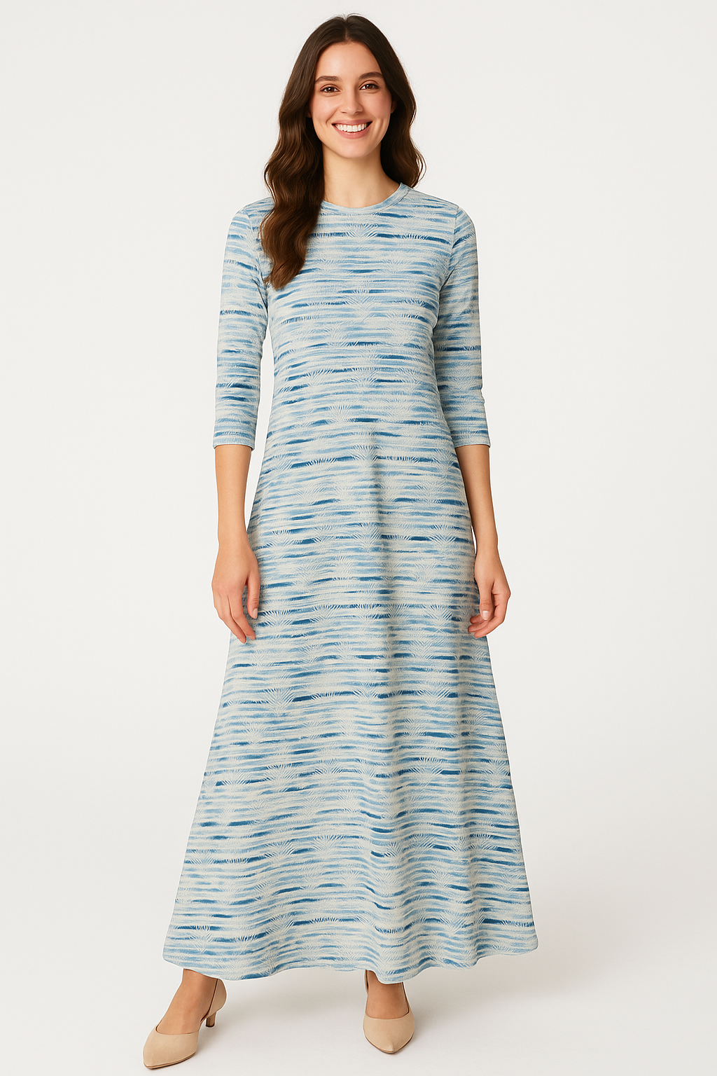 Fitted Bodice Maxi Summer Dress with Sleeves with Pockets - White Palm Blue Stripes XX