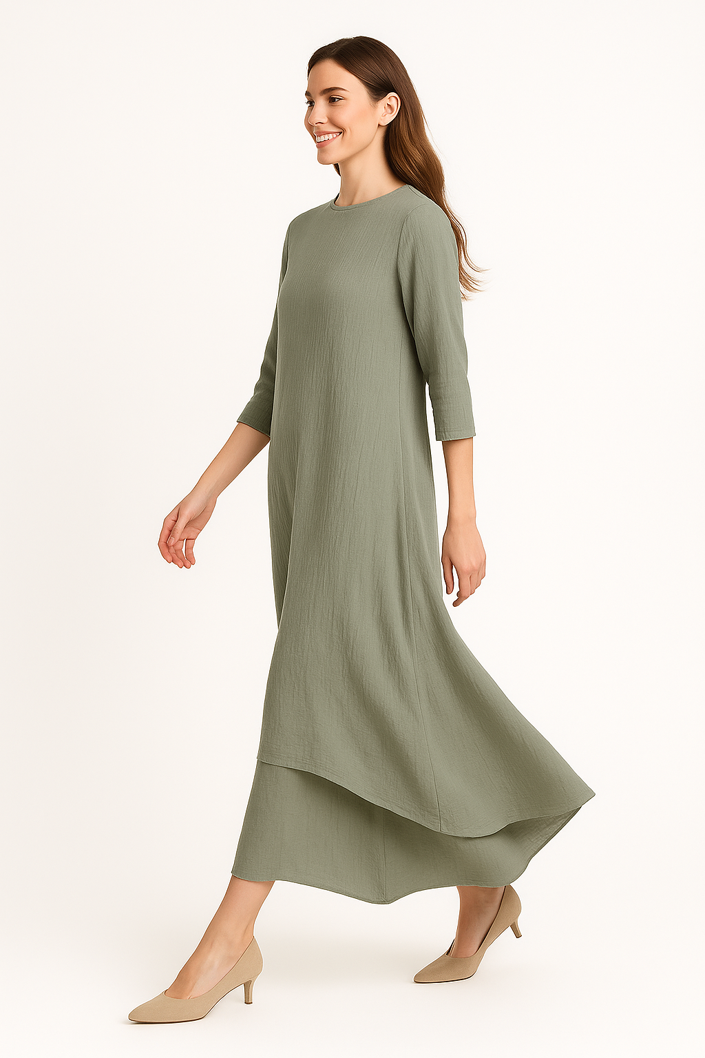 Modest Maxi Dress - Three Quarter Sleeve Soft Cotton Crinkle Fabric Double Layer Design - Sage Green Medium