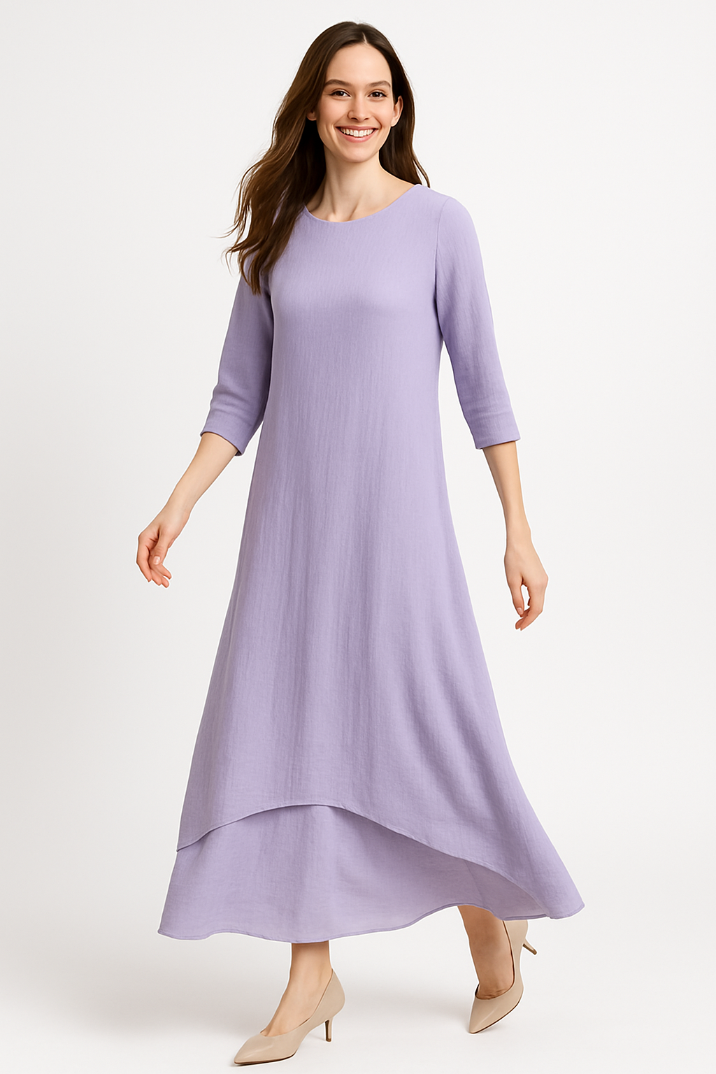 Modest Maxi Dress - Three Quarter Sleeve Soft Cotton Crinkle Fabric Double Layer Design - Lilac Medium