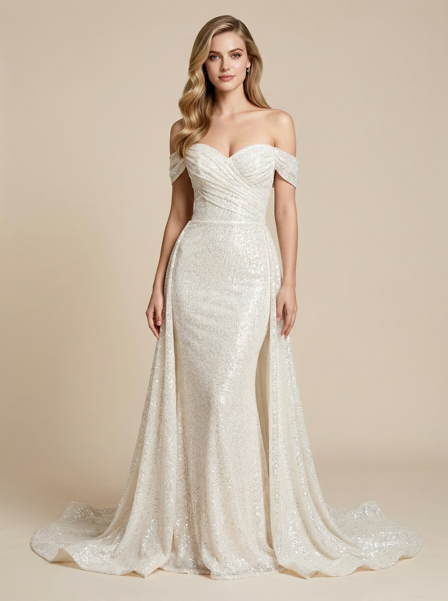 Mermaid V-neck Off Shoulder Ruched Maxi Long Satin And Sequin Wedding Dress With Detachable Skirt