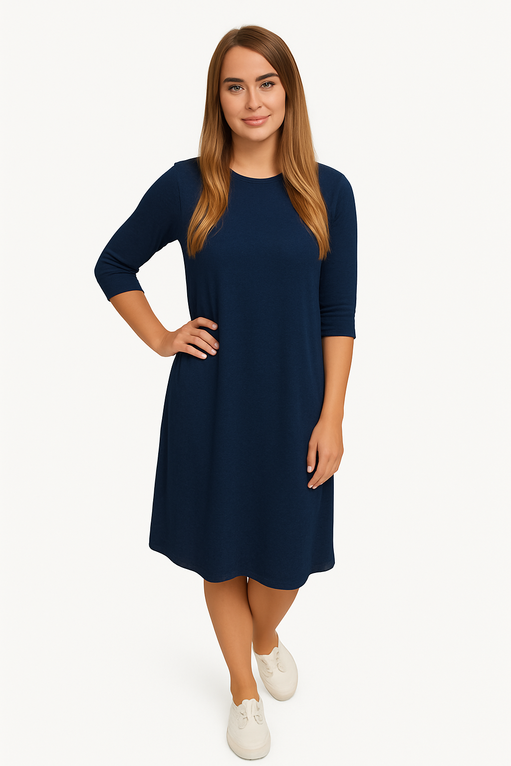 Classic Knee Length A-Line Shirt Dress - Navy Large