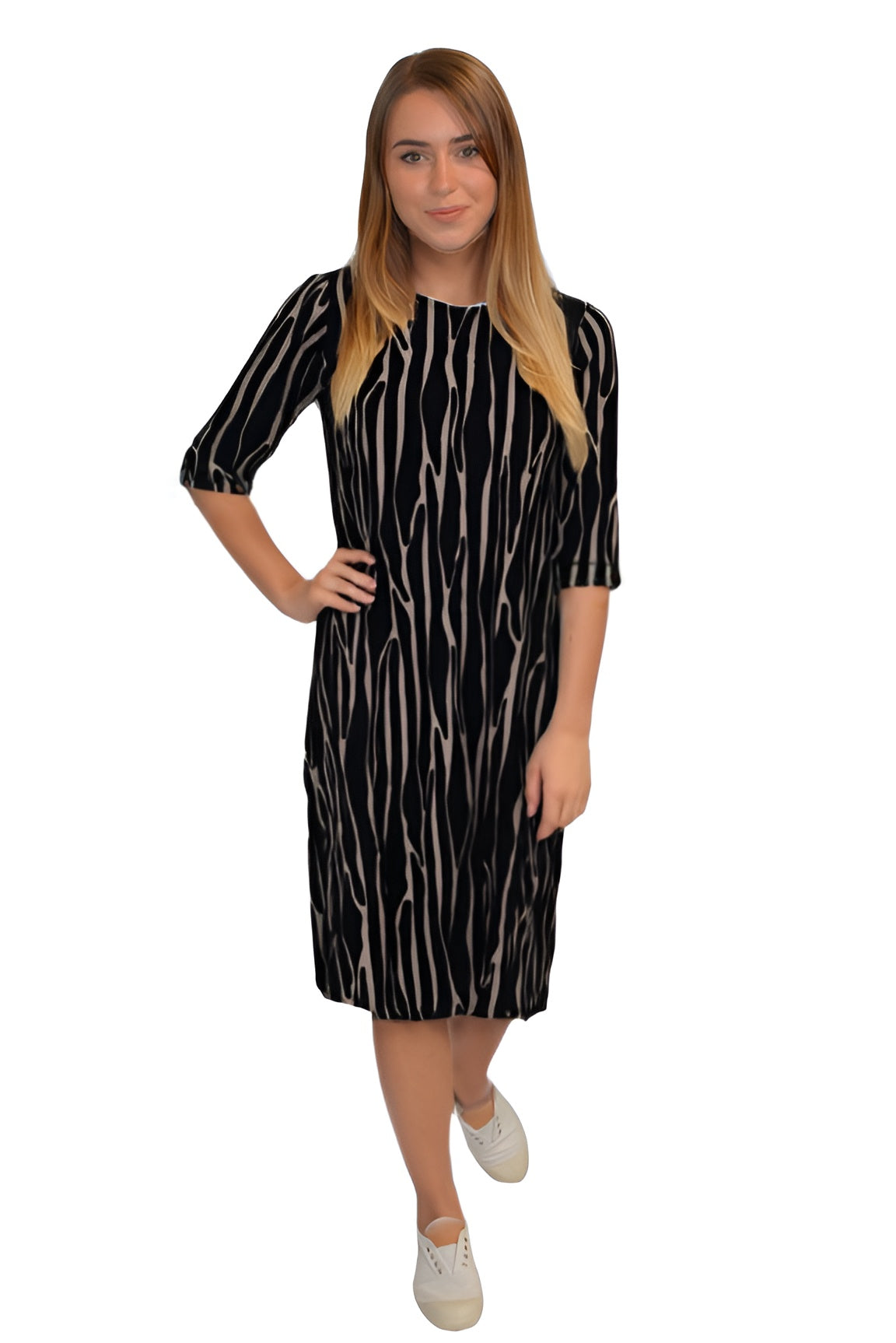Classic Knee Length A-Line Shirt Dress - Black Beige Ribbon Large