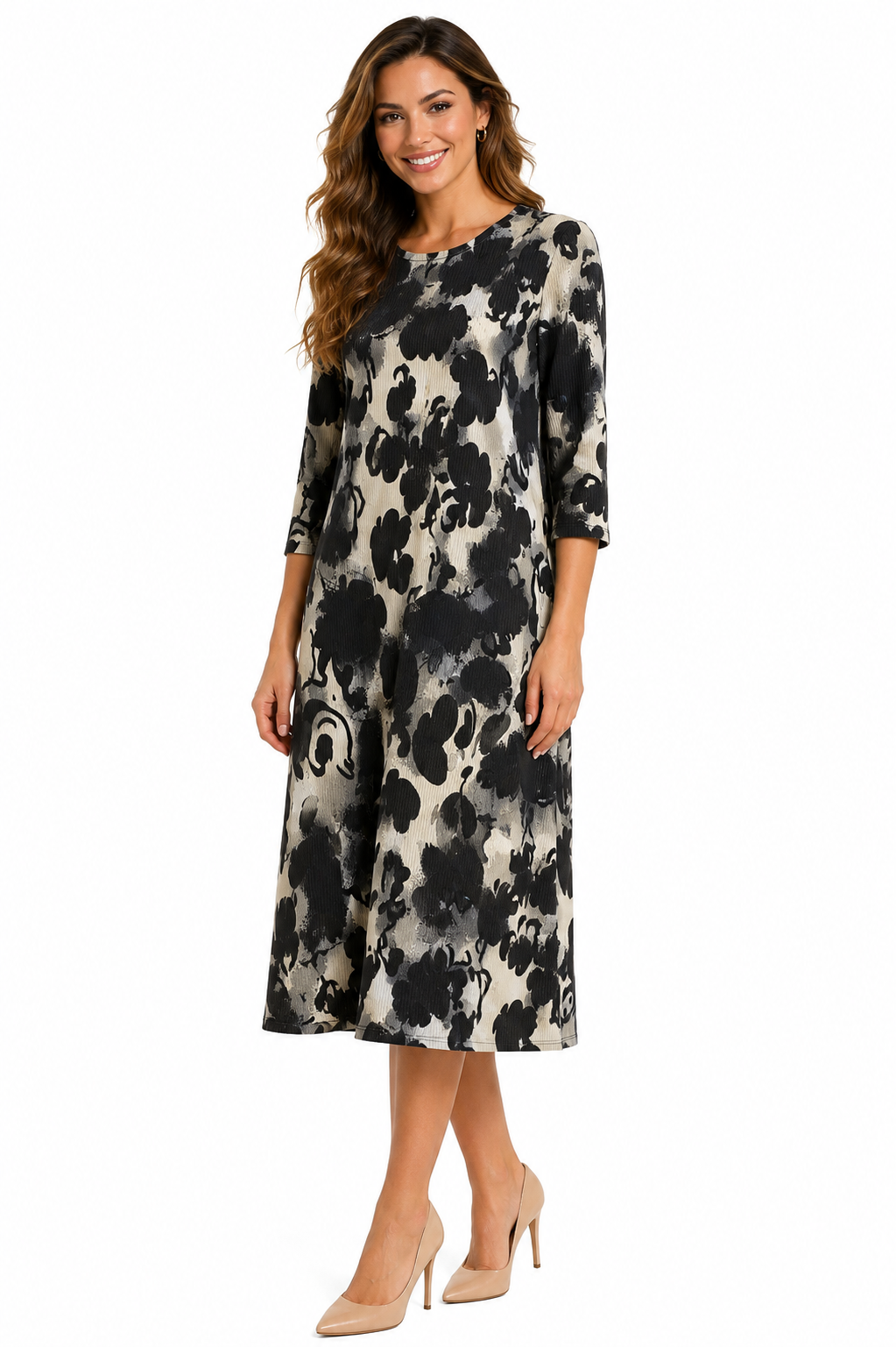 Shirt Dress - Comfortable A-Line Silhouette - - Black Swirl Small