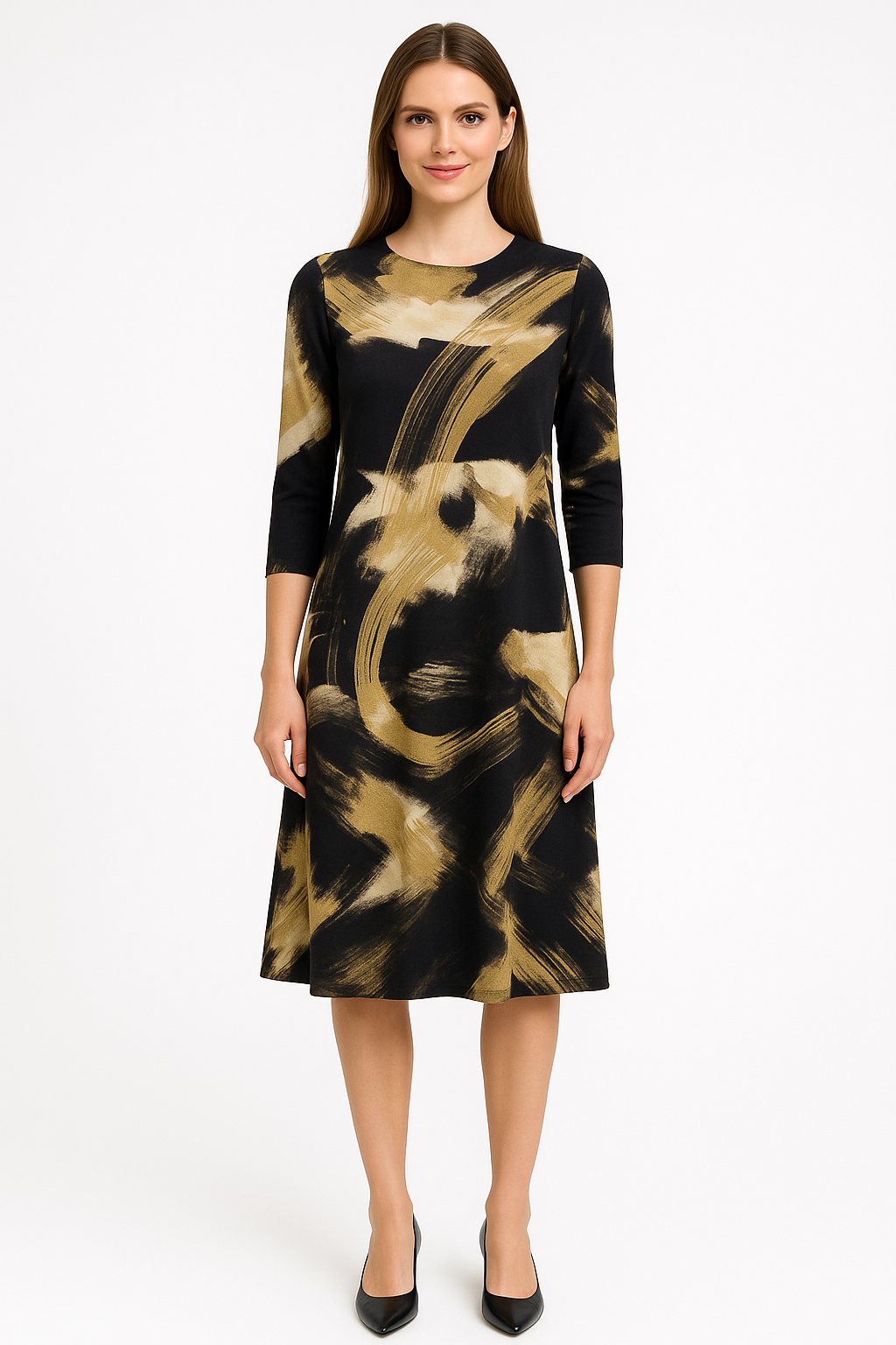 Past The Knee Shirt Dress - Comfortable A-Line Silhouette - Black White Gold Brushed Small
