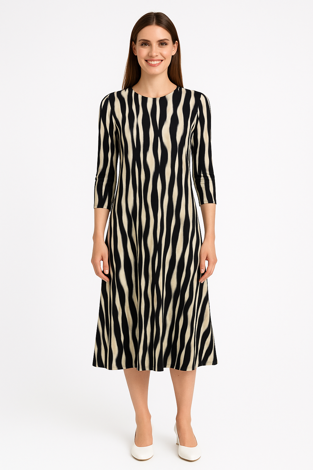 Past The Knee Shirt Dress - Comfortable A-Line Silhouette - Creme Black Zebra Small