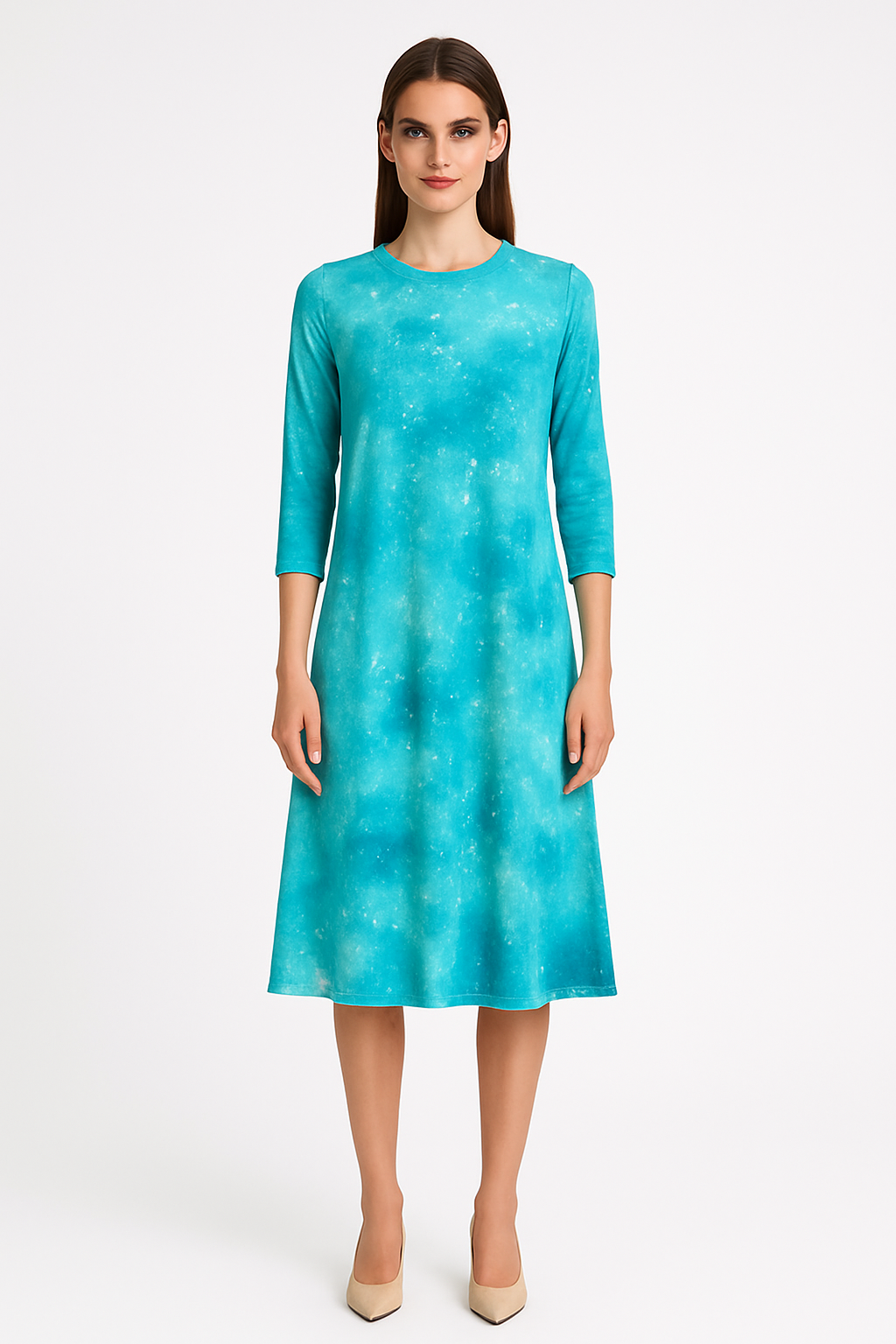 Past The Knee Shirt Dress - Comfortable A-Line Silhouette - Teal Green Print Large