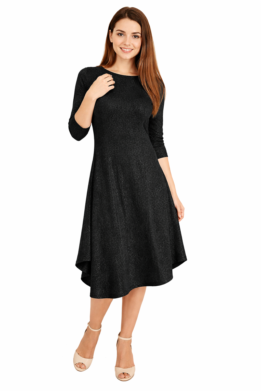 Flowing Midi Dress with Sleeves and Dramatic Drape ' - Black Sparkle Small