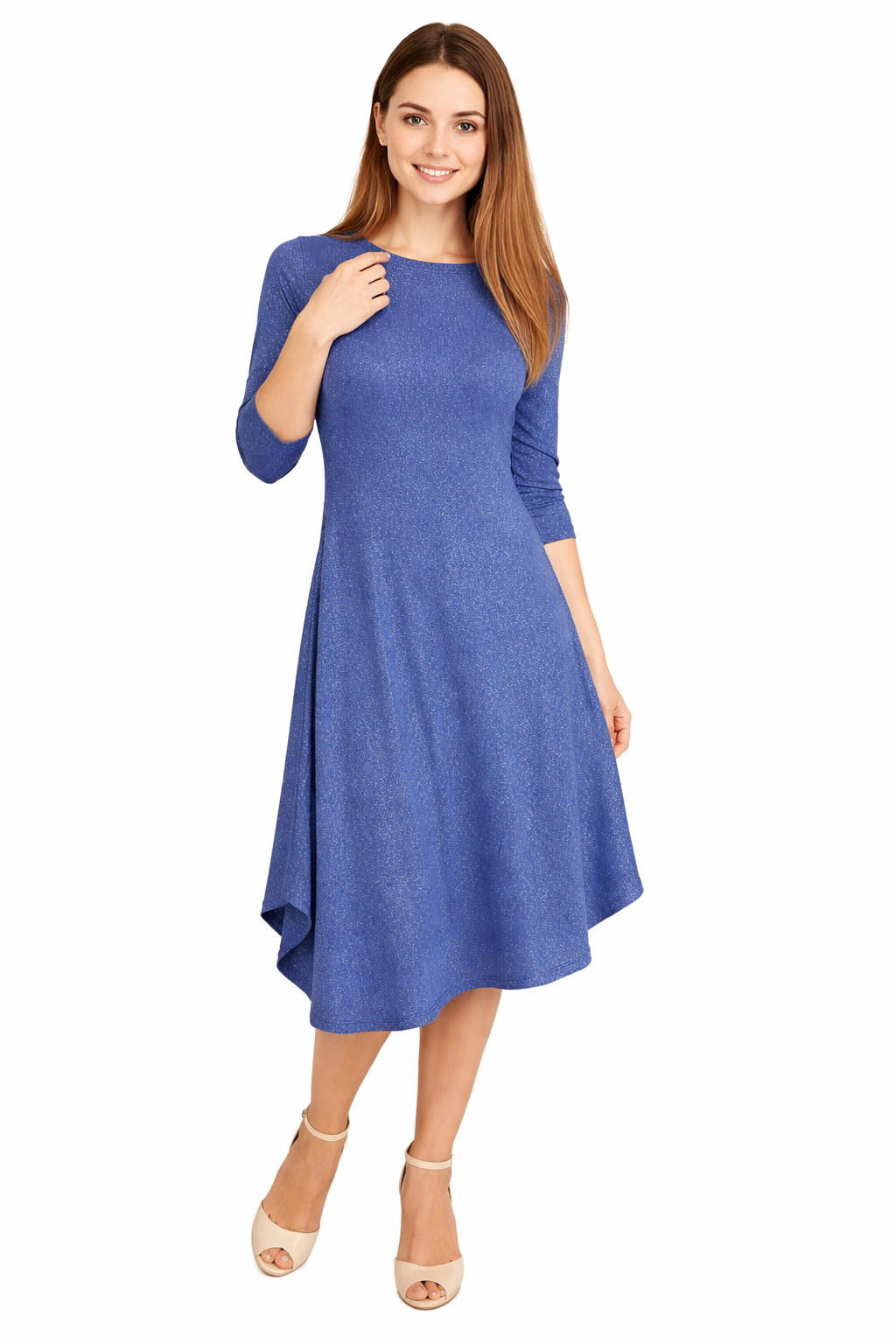 Flowing Midi Dress with Sleeves and Dramatic Drape ' - Blue Sparkle Medium