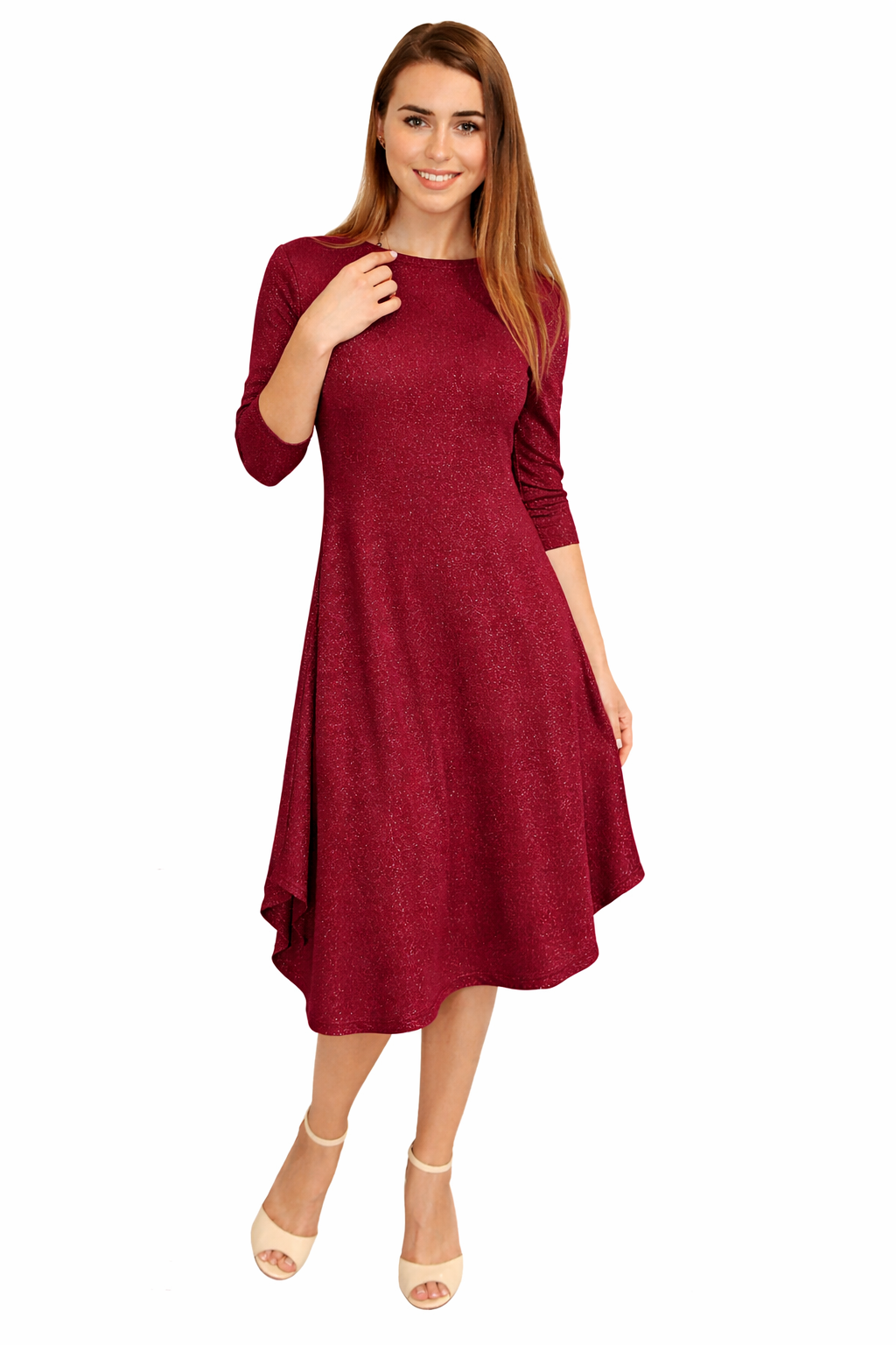 Flowing Midi Dress with Sleeves and Dramatic Drape ' - Bordeaux Sparkle Small