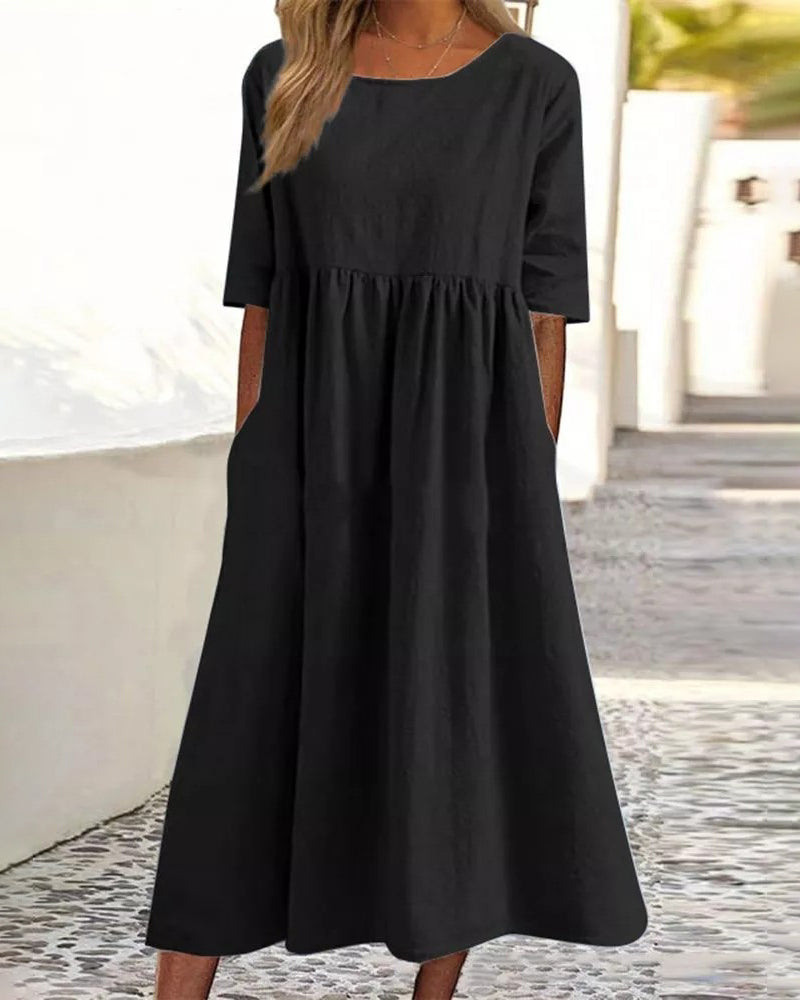 Zeagoo Women's Beach Short Sleeve Scoop Neck Ruffle Swing Casual Boho Midi Dress with Pockets - Black