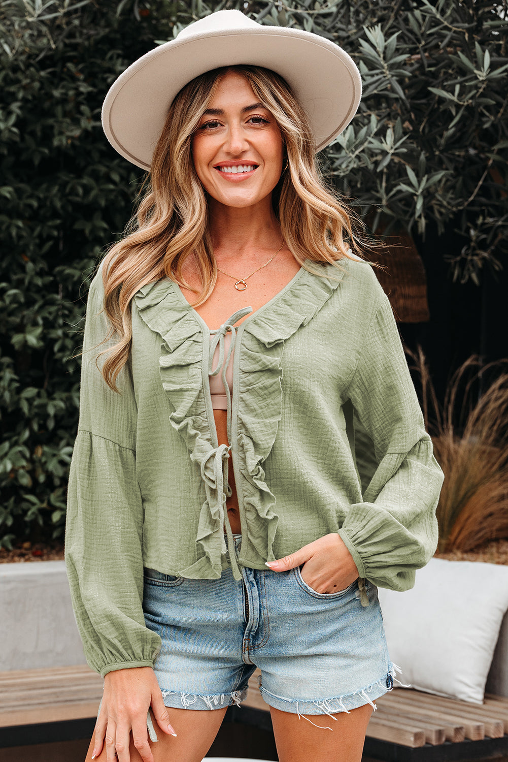 Natalia Bow Tie Front Ruffle Trim Long Sleeve Gauze Blouse