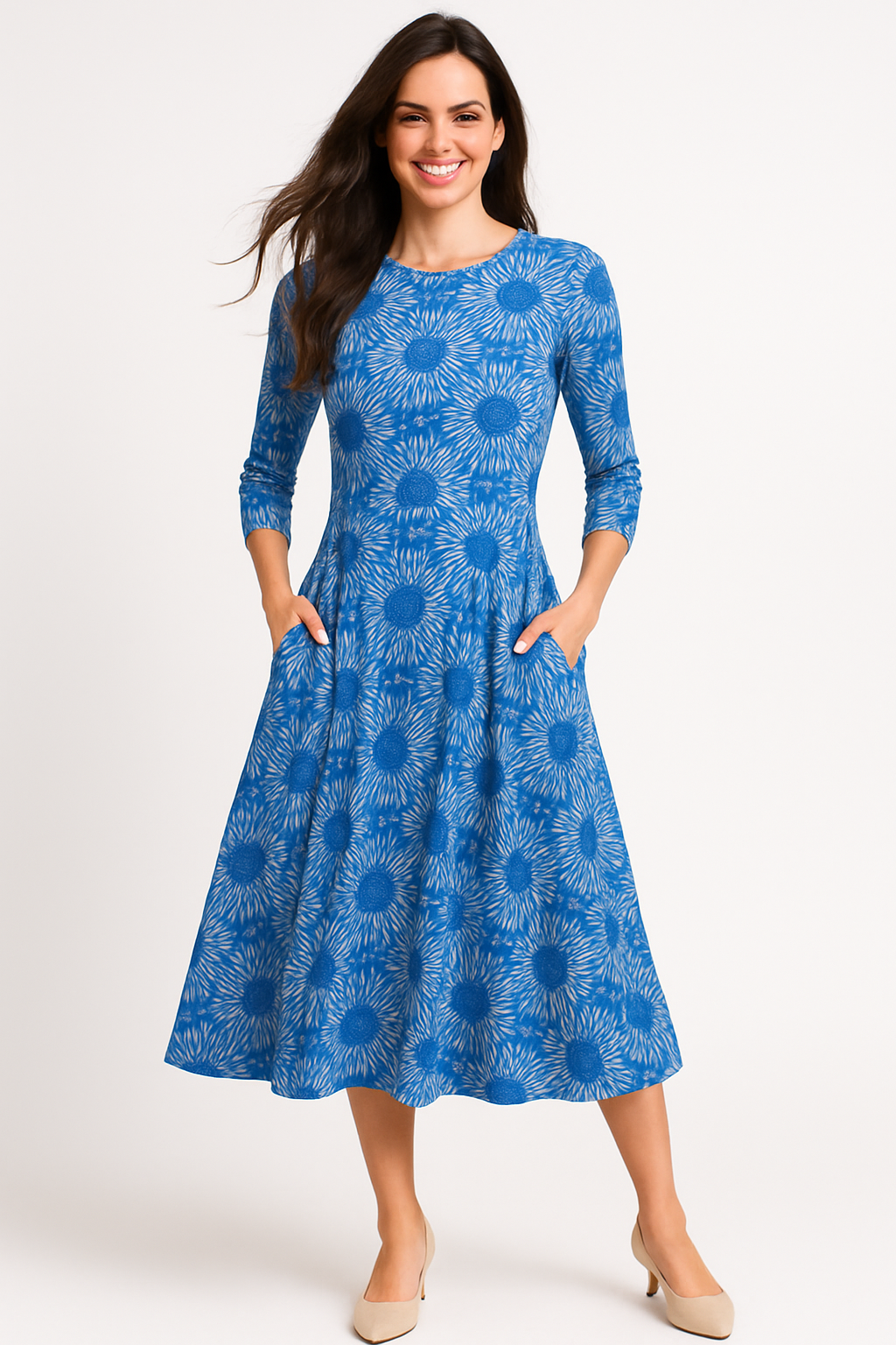 Mid-Calf Sleeve Swing Dress with Pockets - Blue Sunburst Medium