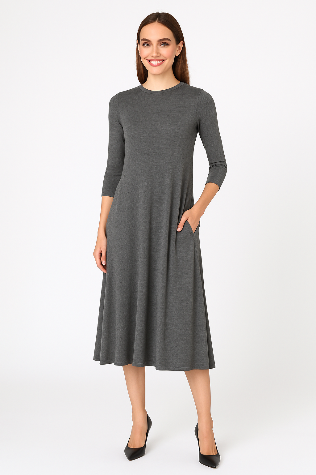 Mid-Calf Sleeve Swing Dress with Pockets - Charcoal Grey Small