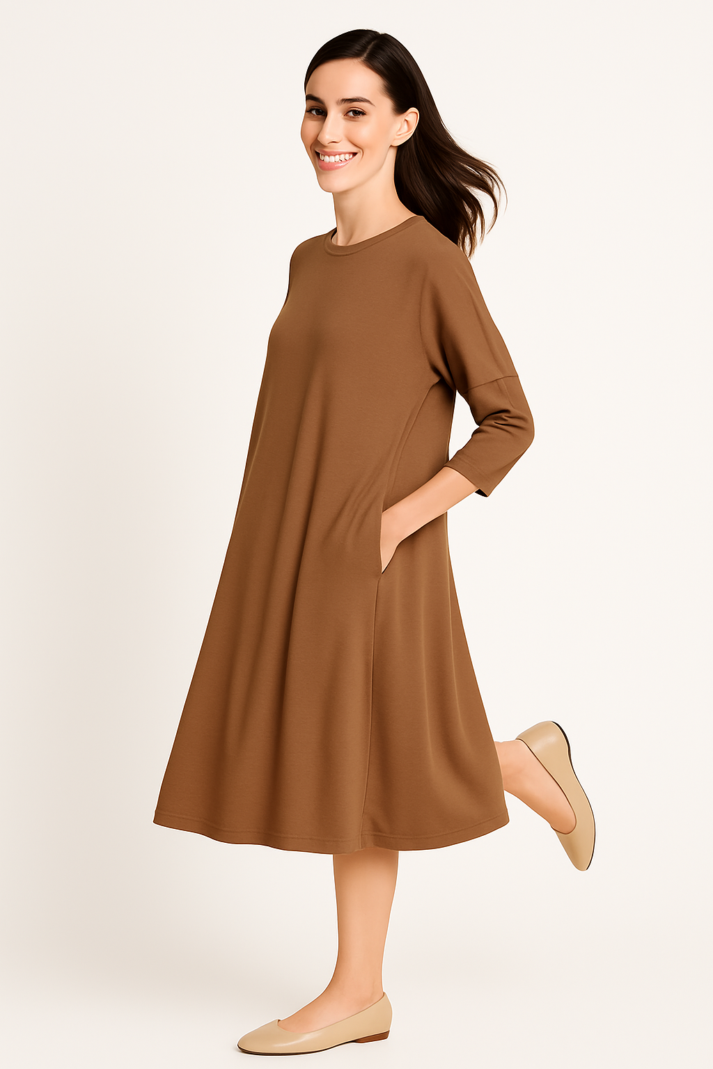 Relaxed Fit Modest Sleeve Knee-Length Dress with Pockets - Warm Brown LargeXX