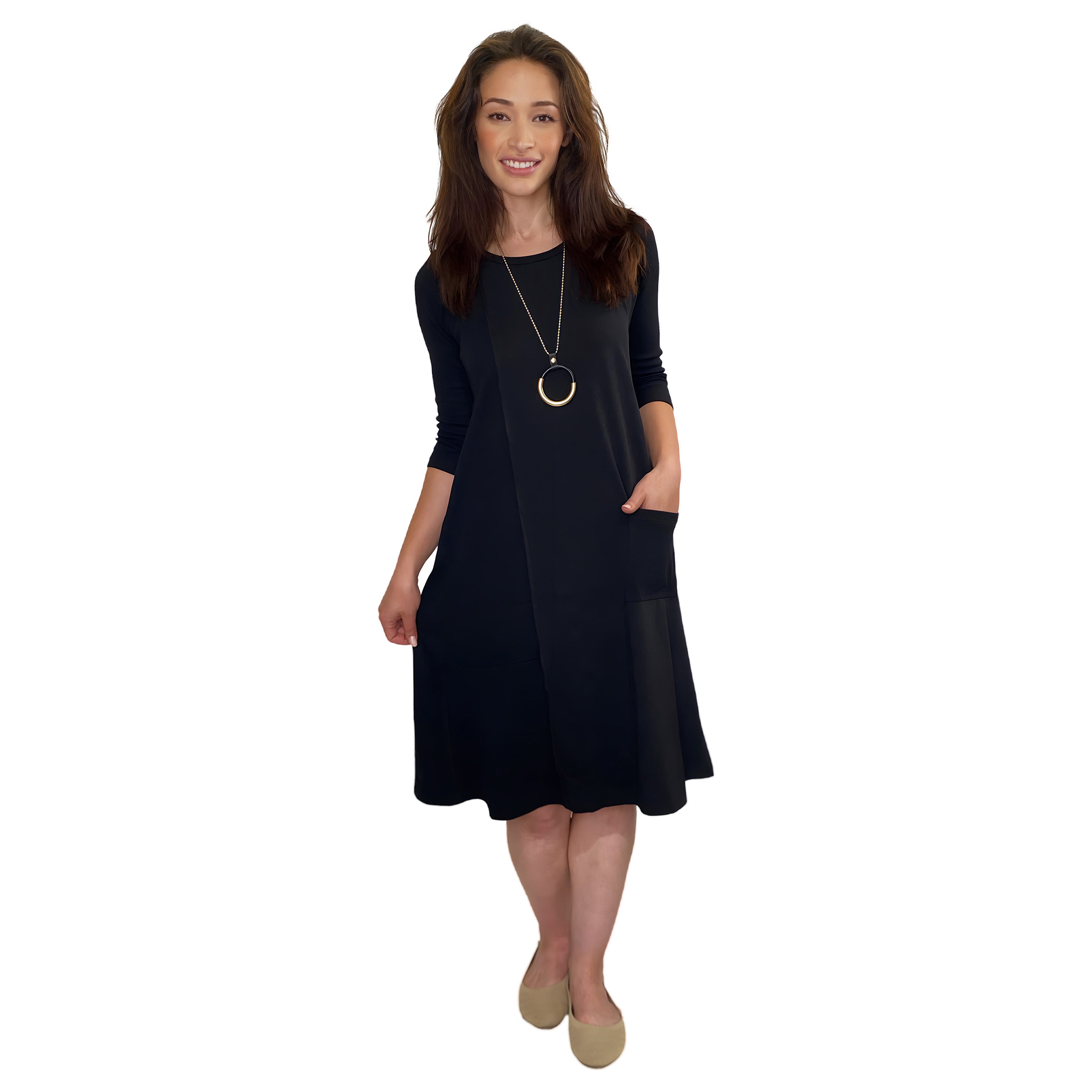 Classic % Cotton A-Line Dress with Sleeves - Black Small