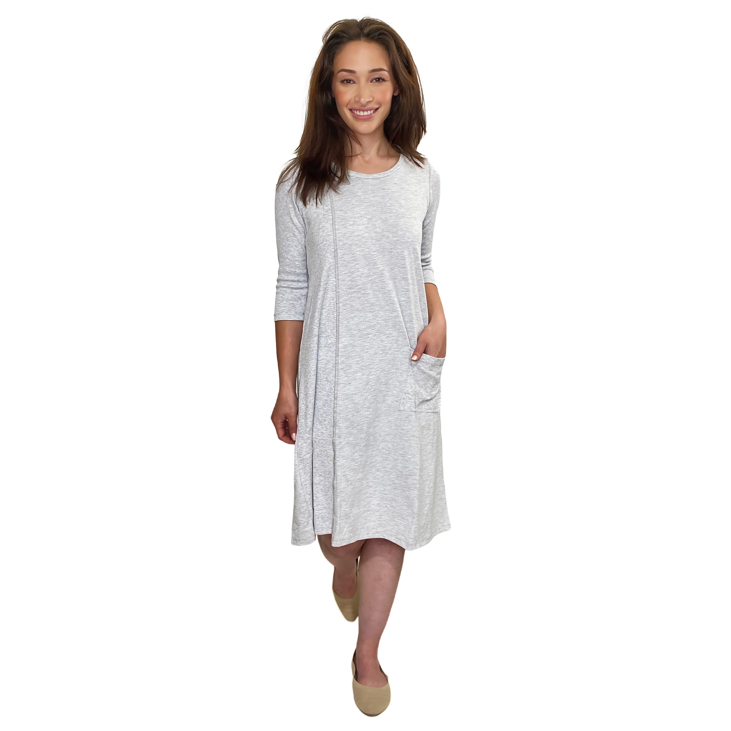 Classic % Cotton A-Line Dress with Sleeves - Heather Grey Large