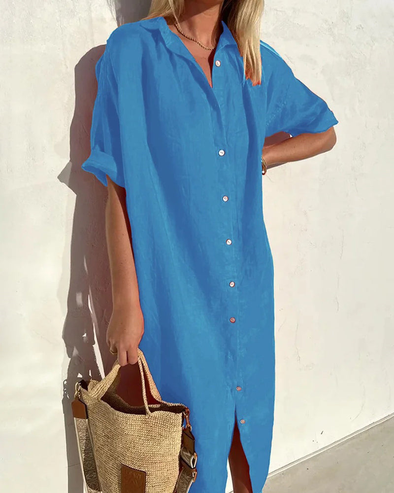 Turn-Down Collar Short Sleeve Single Breasted Loose Shirt Dress Solid Color Summer Beach Dresses - Dark Blue