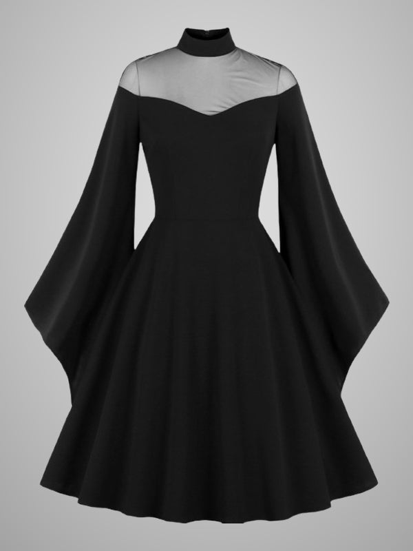 Gothic Dark Vintage Cutout Bell Sleeve Paneled Solid Dress - Black S